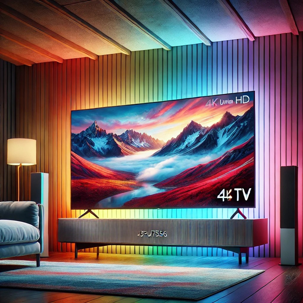 "Smart TV Philips 43PUS7556 con risoluzione 4K Ultra HD, tecnologia Ambilight per un'illuminazione immersiva e supporto HDR10+. Ideale per un'esperienza di visione coinvolgente e fluida."